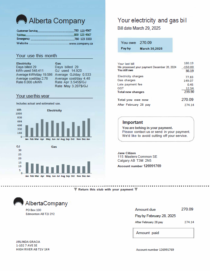 Canada Alberta Company utility bill template in Word and PDF formats
